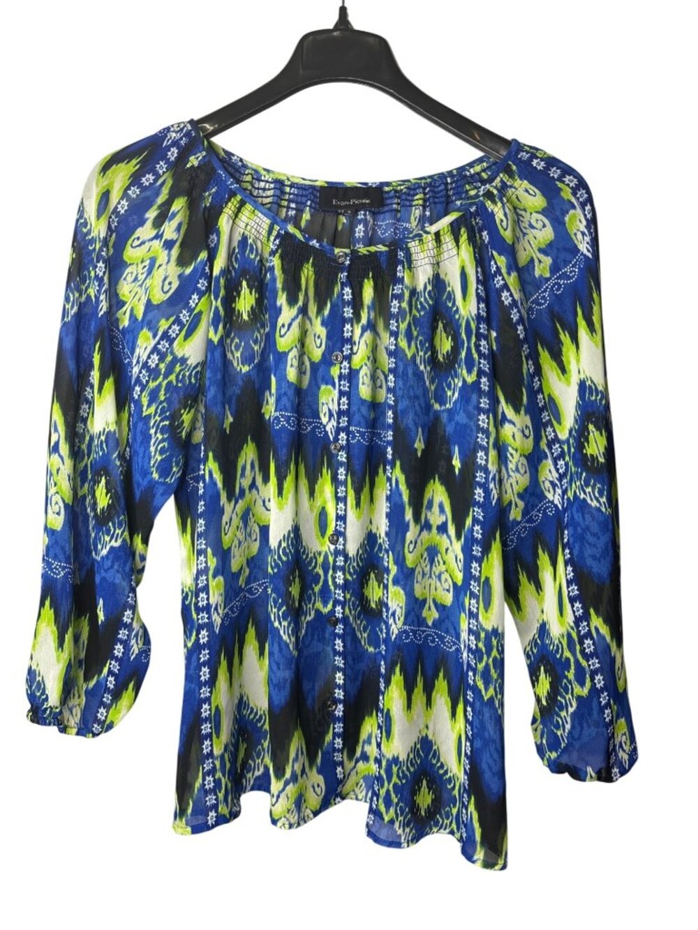Evan-Picone Womens Sheer Button Front Blouse Top 14 Abstract Blue Green White